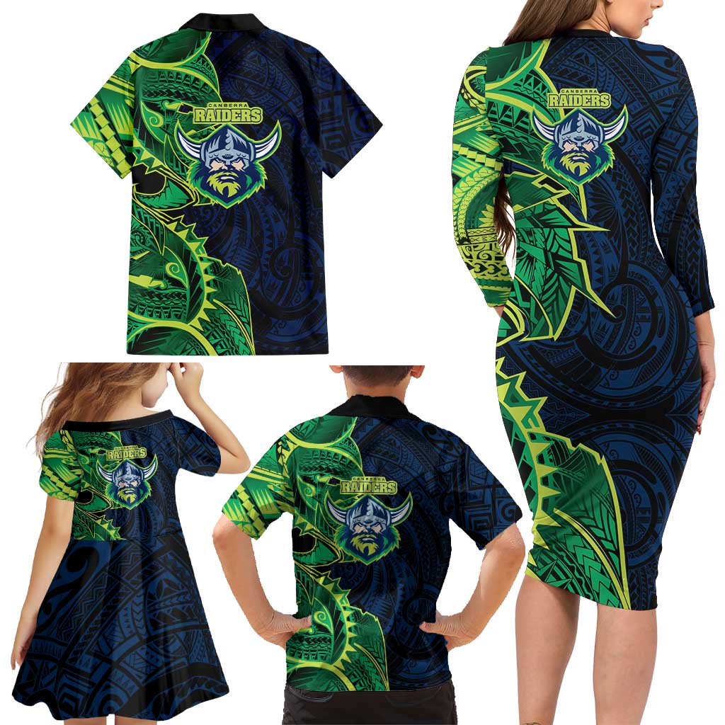 Canberra Raiders Family Matching Long Sleeve Bodycon Dress and Hawaiian Shirt Polynesian Tribal Tattoo Pacific Sport Art