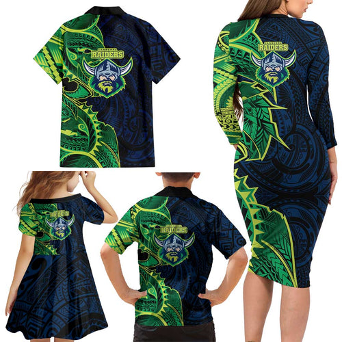 Canberra Raiders Family Matching Long Sleeve Bodycon Dress and Hawaiian Shirt Polynesian Tribal Tattoo Pacific Sport Art