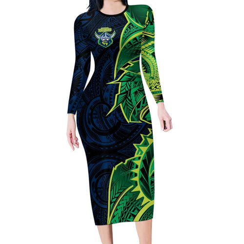 Canberra Raiders Family Matching Long Sleeve Bodycon Dress and Hawaiian Shirt Polynesian Tribal Tattoo Pacific Sport Art