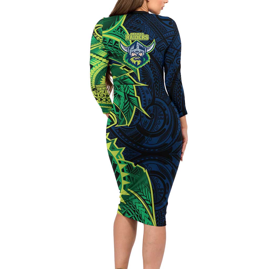 Canberra Raiders Family Matching Long Sleeve Bodycon Dress and Hawaiian Shirt Polynesian Tribal Tattoo Pacific Sport Art
