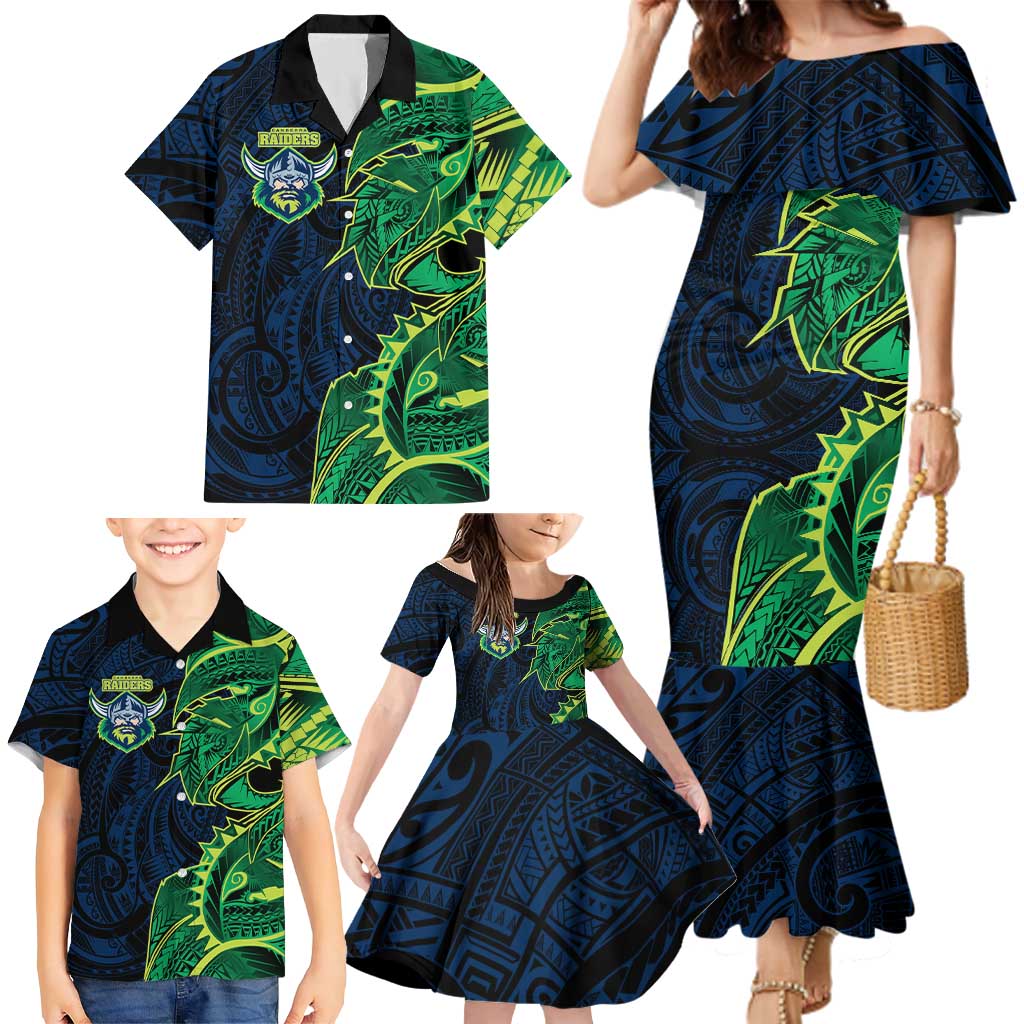 Canberra Raiders Family Matching Mermaid Dress and Hawaiian Shirt Polynesian Tribal Tattoo Pacific Sport Art