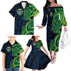 Canberra Raiders Family Matching Off The Shoulder Long Sleeve Dress and Hawaiian Shirt Polynesian Tribal Tattoo Pacific Sport Art