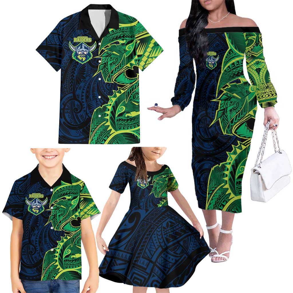 Canberra Raiders Family Matching Off The Shoulder Long Sleeve Dress and Hawaiian Shirt Polynesian Tribal Tattoo Pacific Sport Art
