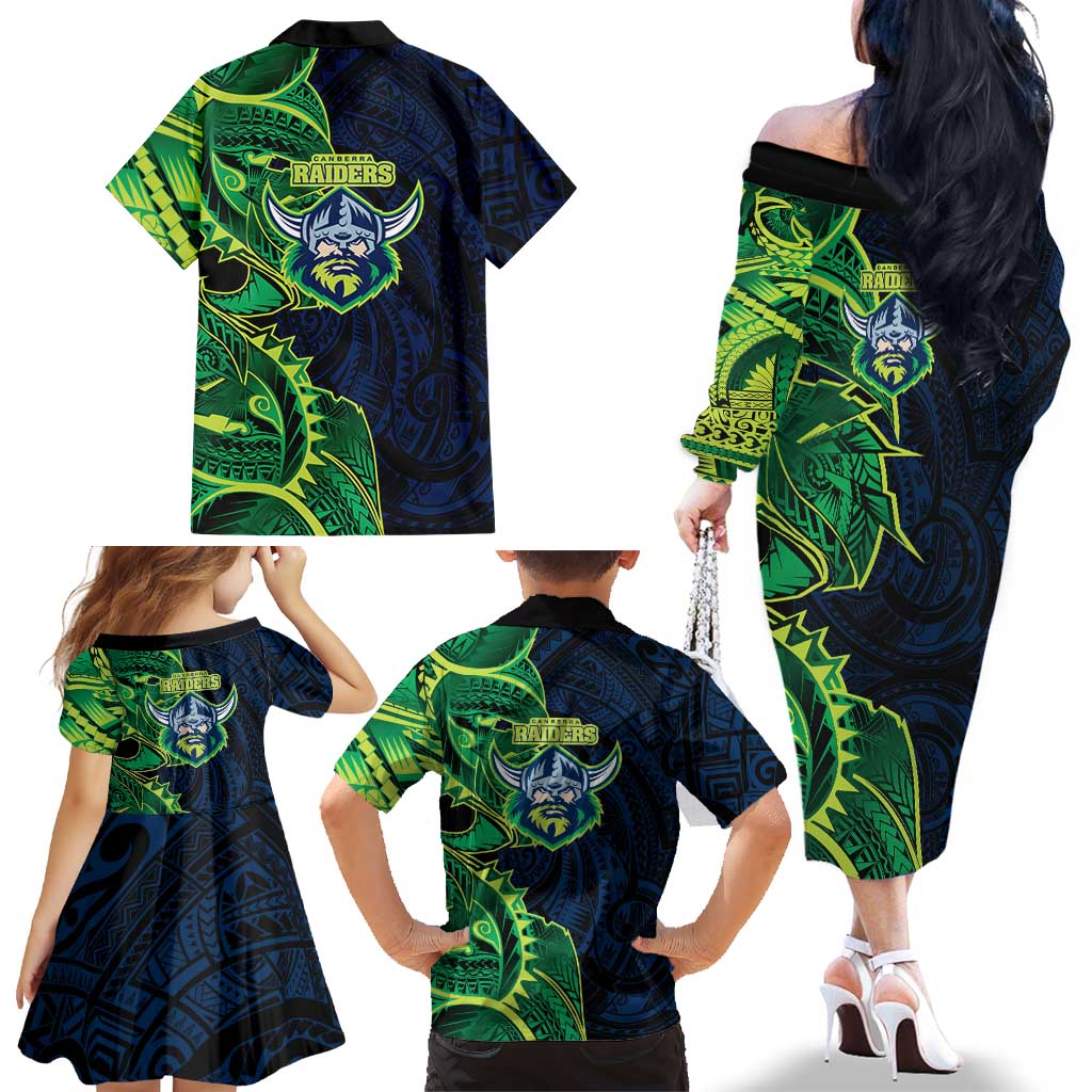 Canberra Raiders Family Matching Off The Shoulder Long Sleeve Dress and Hawaiian Shirt Polynesian Tribal Tattoo Pacific Sport Art