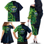 Canberra Raiders Family Matching Off The Shoulder Long Sleeve Dress and Hawaiian Shirt Polynesian Tribal Tattoo Pacific Sport Art