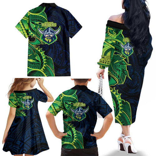 Canberra Raiders Family Matching Off The Shoulder Long Sleeve Dress and Hawaiian Shirt Polynesian Tribal Tattoo Pacific Sport Art
