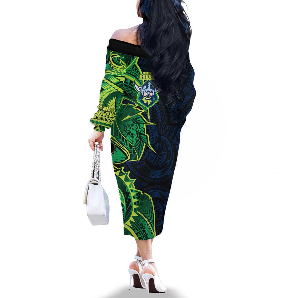 Canberra Raiders Family Matching Off The Shoulder Long Sleeve Dress and Hawaiian Shirt Polynesian Tribal Tattoo Pacific Sport Art