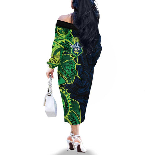 Canberra Raiders Family Matching Off The Shoulder Long Sleeve Dress and Hawaiian Shirt Polynesian Tribal Tattoo Pacific Sport Art