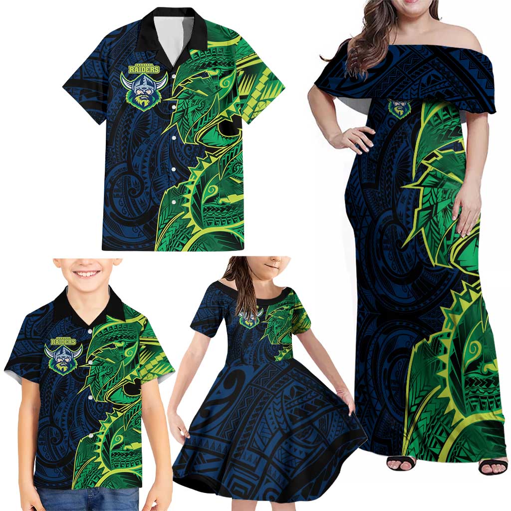 Canberra Raiders Family Matching Off Shoulder Maxi Dress and Hawaiian Shirt Polynesian Tribal Tattoo Pacific Sport Art
