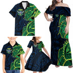 Canberra Raiders Family Matching Off Shoulder Maxi Dress and Hawaiian Shirt Polynesian Tribal Tattoo Pacific Sport Art