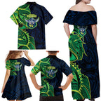 Canberra Raiders Family Matching Off Shoulder Maxi Dress and Hawaiian Shirt Polynesian Tribal Tattoo Pacific Sport Art