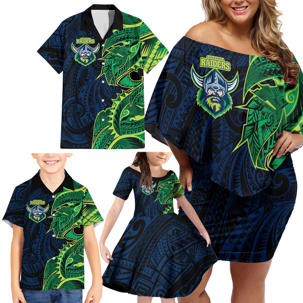 Canberra Raiders Family Matching Off Shoulder Short Dress and Hawaiian Shirt Polynesian Tribal Tattoo Pacific Sport Art