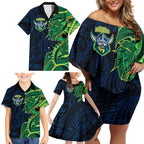 Canberra Raiders Family Matching Off Shoulder Short Dress and Hawaiian Shirt Polynesian Tribal Tattoo Pacific Sport Art