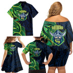 Canberra Raiders Family Matching Off Shoulder Short Dress and Hawaiian Shirt Polynesian Tribal Tattoo Pacific Sport Art