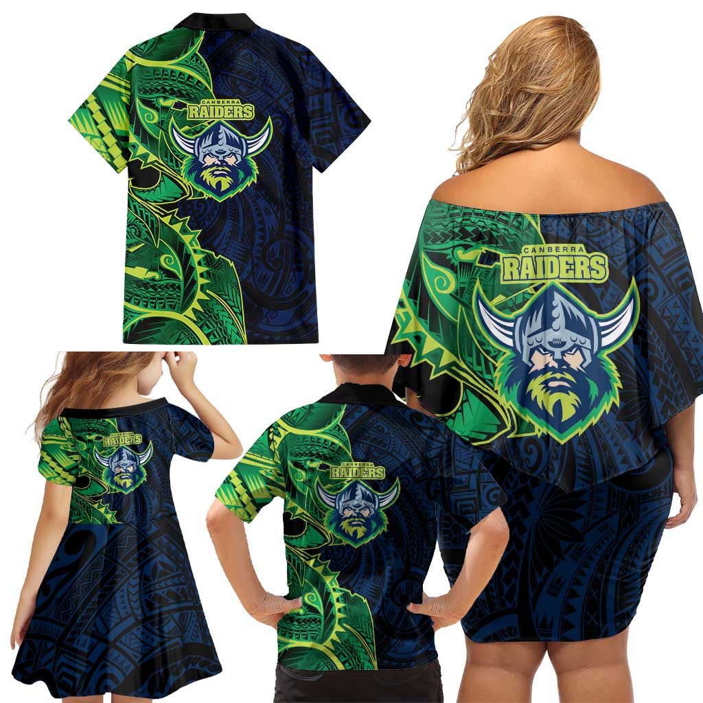 Canberra Raiders Family Matching Off Shoulder Short Dress and Hawaiian Shirt Polynesian Tribal Tattoo Pacific Sport Art