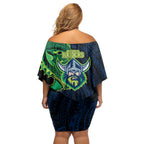 Canberra Raiders Family Matching Off Shoulder Short Dress and Hawaiian Shirt Polynesian Tribal Tattoo Pacific Sport Art