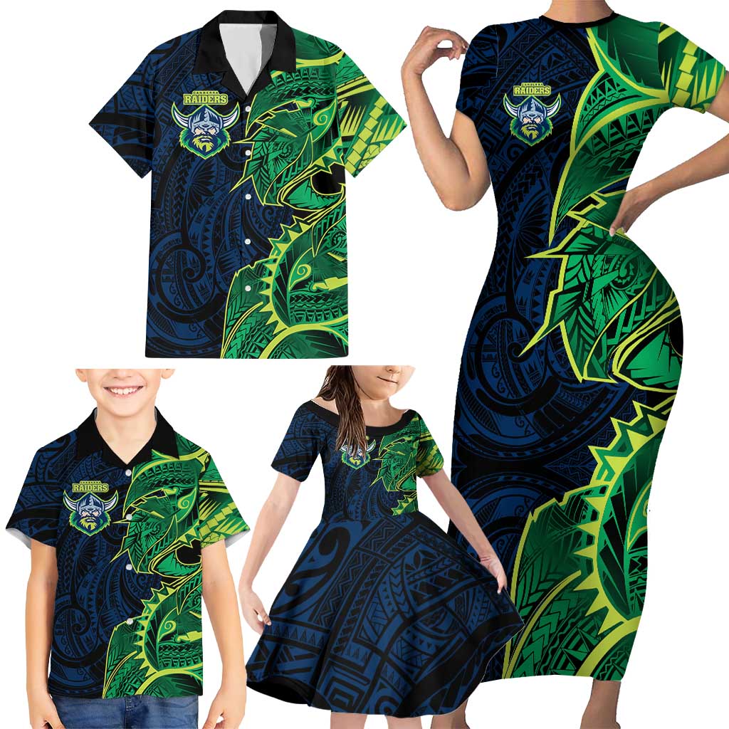 Canberra Raiders Family Matching Short Sleeve Bodycon Dress and Hawaiian Shirt Polynesian Tribal Tattoo Pacific Sport Art