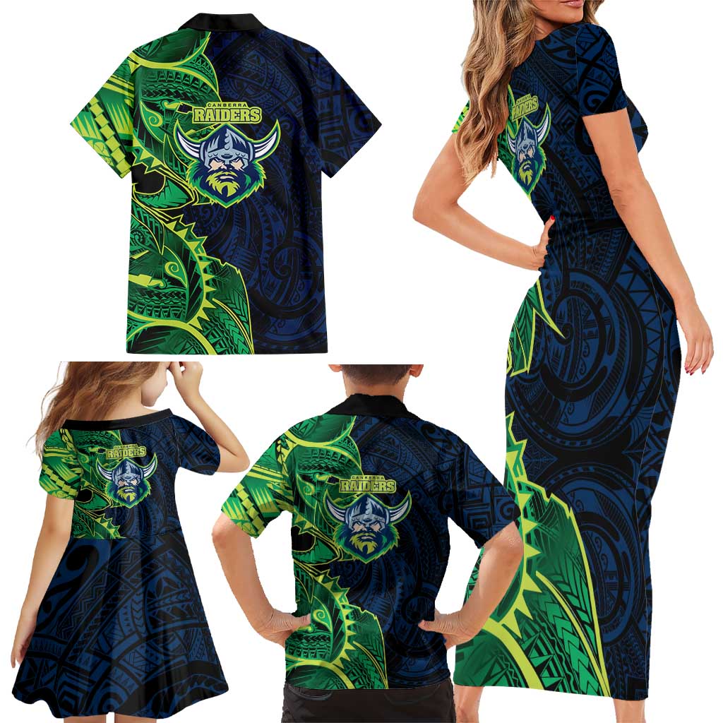 Canberra Raiders Family Matching Short Sleeve Bodycon Dress and Hawaiian Shirt Polynesian Tribal Tattoo Pacific Sport Art