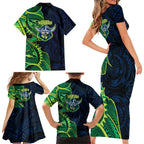 Canberra Raiders Family Matching Short Sleeve Bodycon Dress and Hawaiian Shirt Polynesian Tribal Tattoo Pacific Sport Art