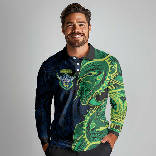 Canberra Raiders Long Sleeve Polo Shirt Polynesian Tribal Tattoo Pacific Sport Art