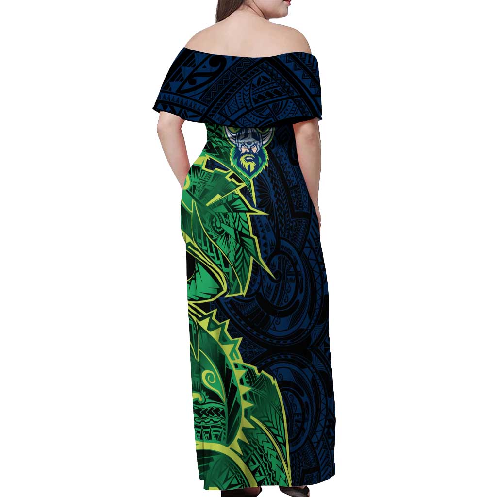 Canberra Raiders Off Shoulder Maxi Dress Polynesian Tribal Tattoo Pacific Sport Art
