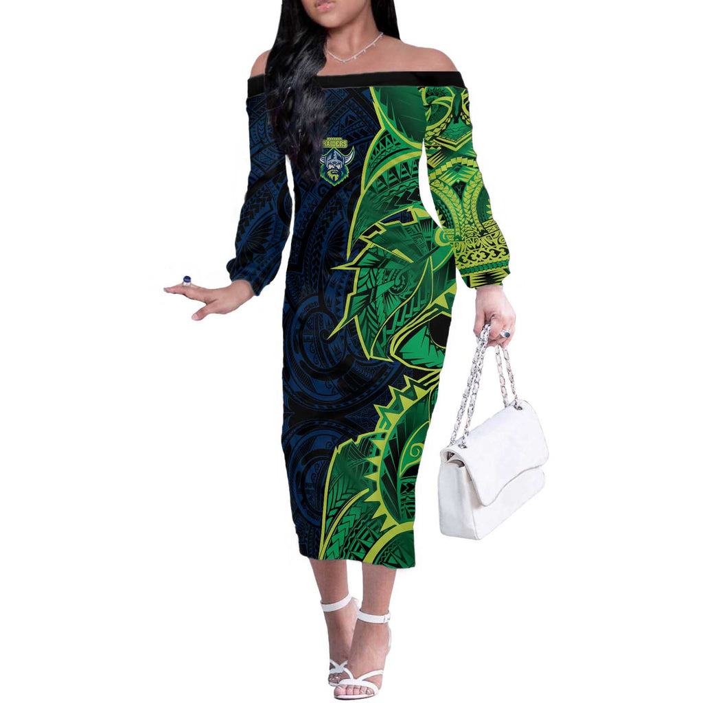 Canberra Raiders Off The Shoulder Long Sleeve Dress Polynesian Tribal Tattoo Pacific Sport Art