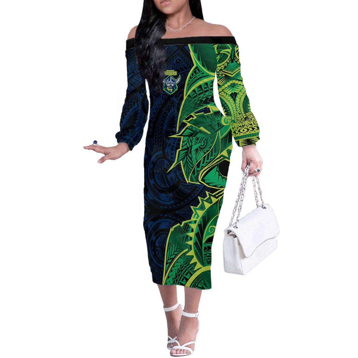 Canberra Raiders Off The Shoulder Long Sleeve Dress Polynesian Tribal Tattoo Pacific Sport Art