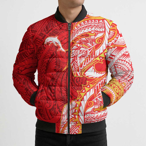 Dolphins Bomber Puffer Jacket Polynesian Tribal Tattoo Pacific Sport Art