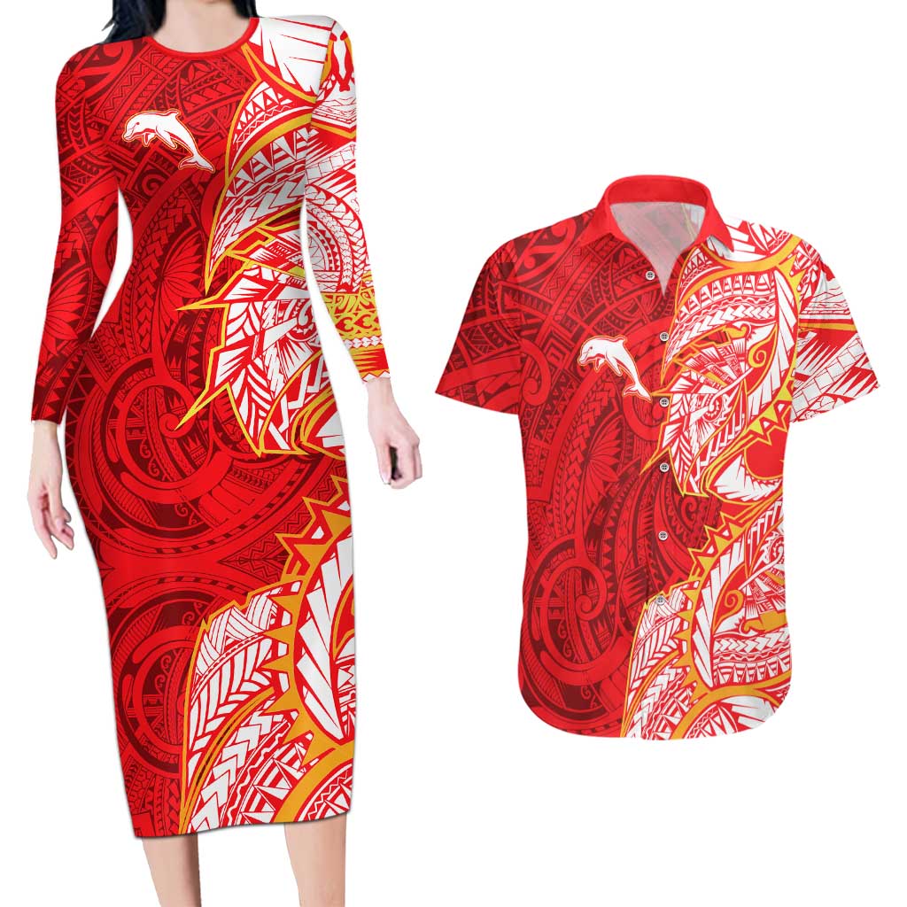 Dolphins Couples Matching Long Sleeve Bodycon Dress and Hawaiian Shirt Polynesian Tribal Tattoo Pacific Sport Art