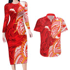 Dolphins Couples Matching Long Sleeve Bodycon Dress and Hawaiian Shirt Polynesian Tribal Tattoo Pacific Sport Art
