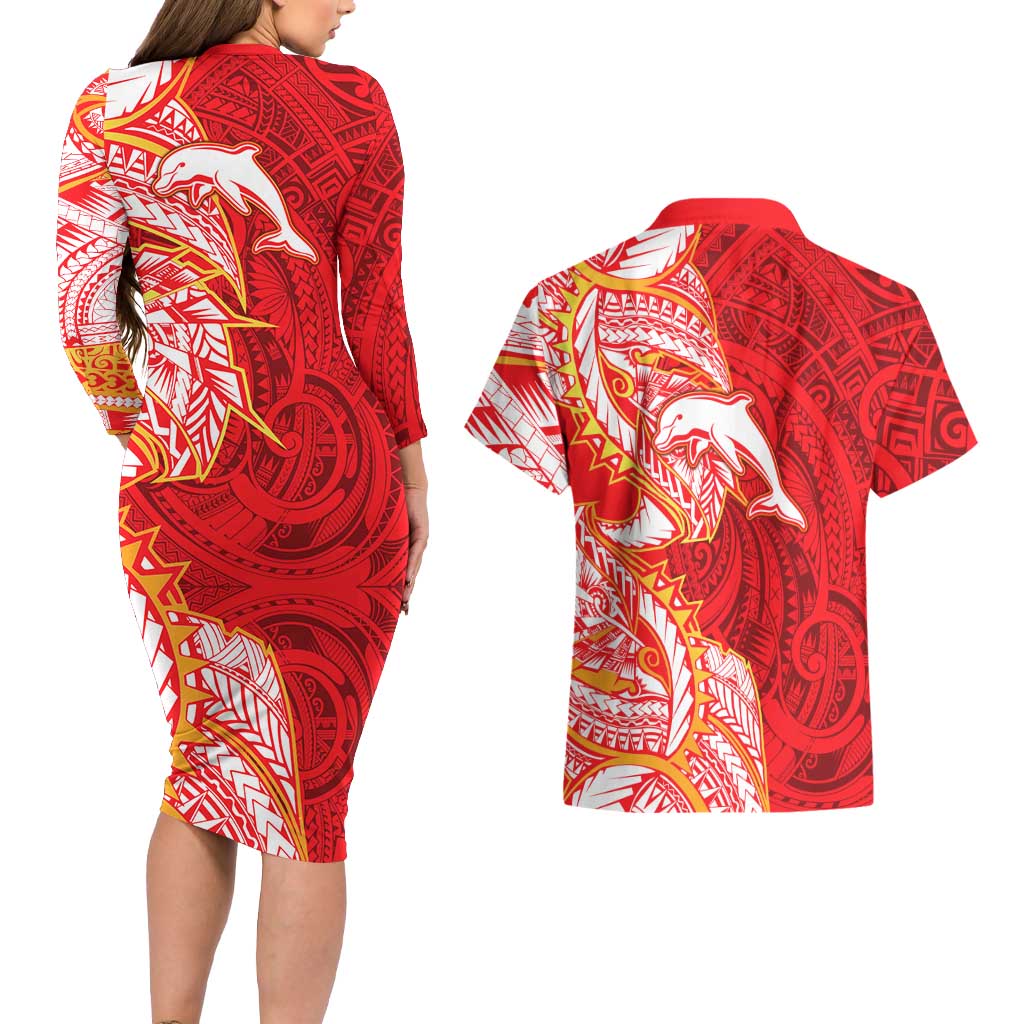 Dolphins Couples Matching Long Sleeve Bodycon Dress and Hawaiian Shirt Polynesian Tribal Tattoo Pacific Sport Art