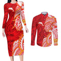 Dolphins Couples Matching Long Sleeve Bodycon Dress and Long Sleeve Button Shirt Polynesian Tribal Tattoo Pacific Sport Art