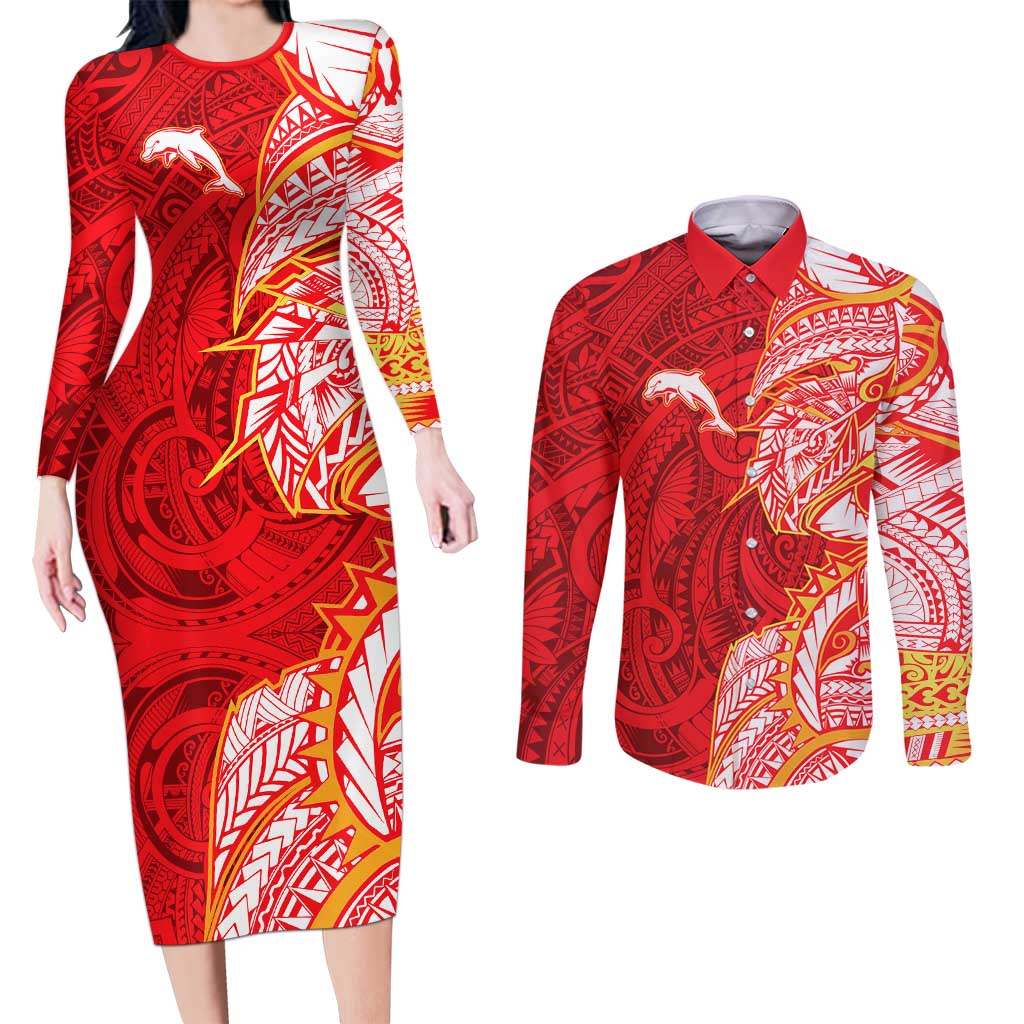 Dolphins Couples Matching Long Sleeve Bodycon Dress and Long Sleeve Button Shirt Polynesian Tribal Tattoo Pacific Sport Art