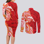 Dolphins Couples Matching Long Sleeve Bodycon Dress and Long Sleeve Button Shirt Polynesian Tribal Tattoo Pacific Sport Art
