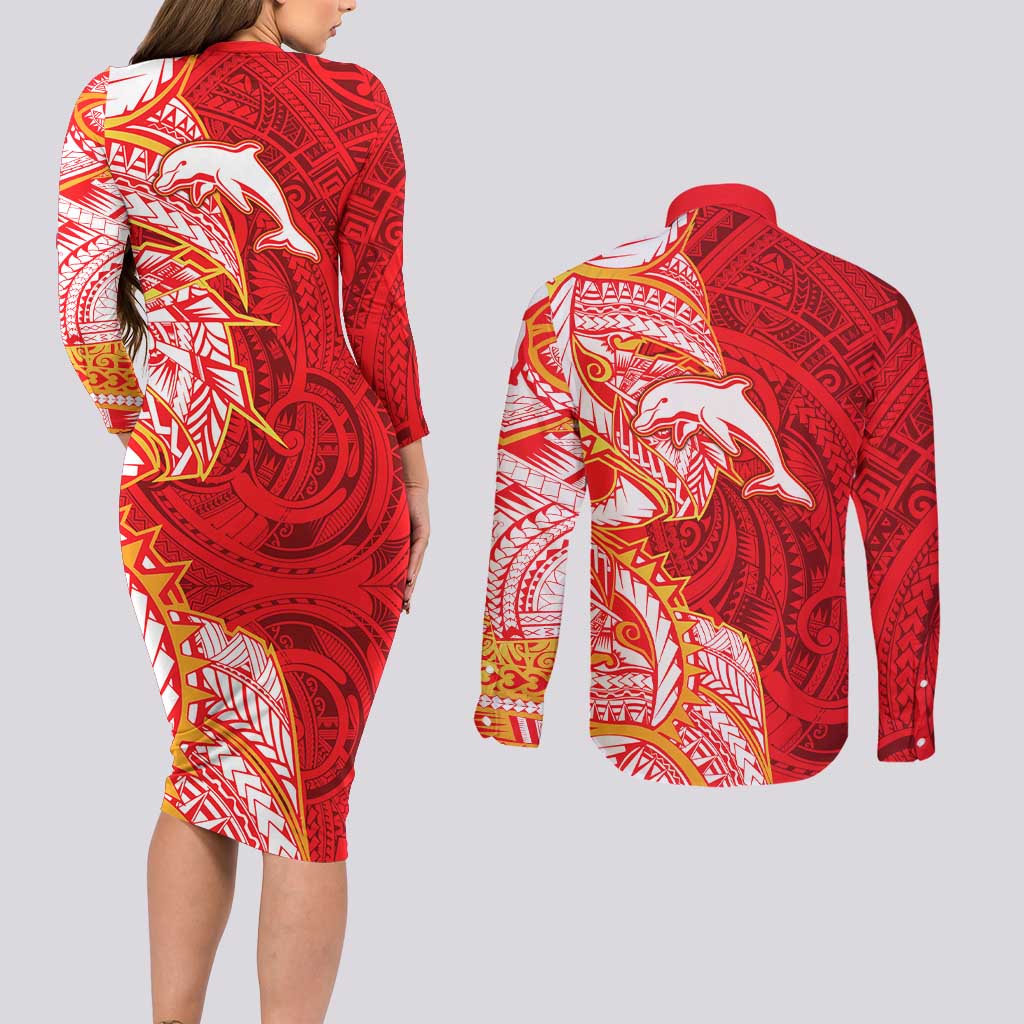 Dolphins Couples Matching Long Sleeve Bodycon Dress and Long Sleeve Button Shirt Polynesian Tribal Tattoo Pacific Sport Art