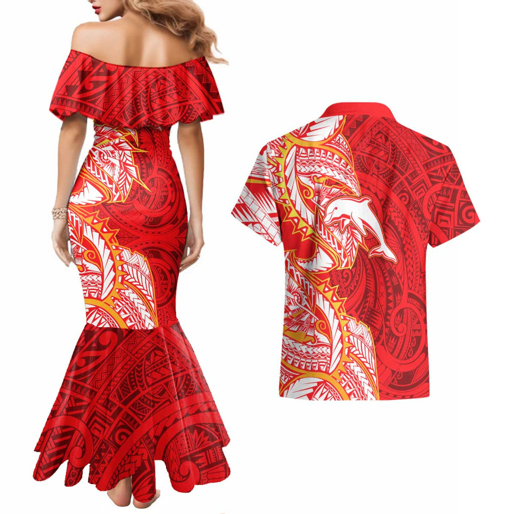 Dolphins Couples Matching Mermaid Dress and Hawaiian Shirt Polynesian Tribal Tattoo Pacific Sport Art