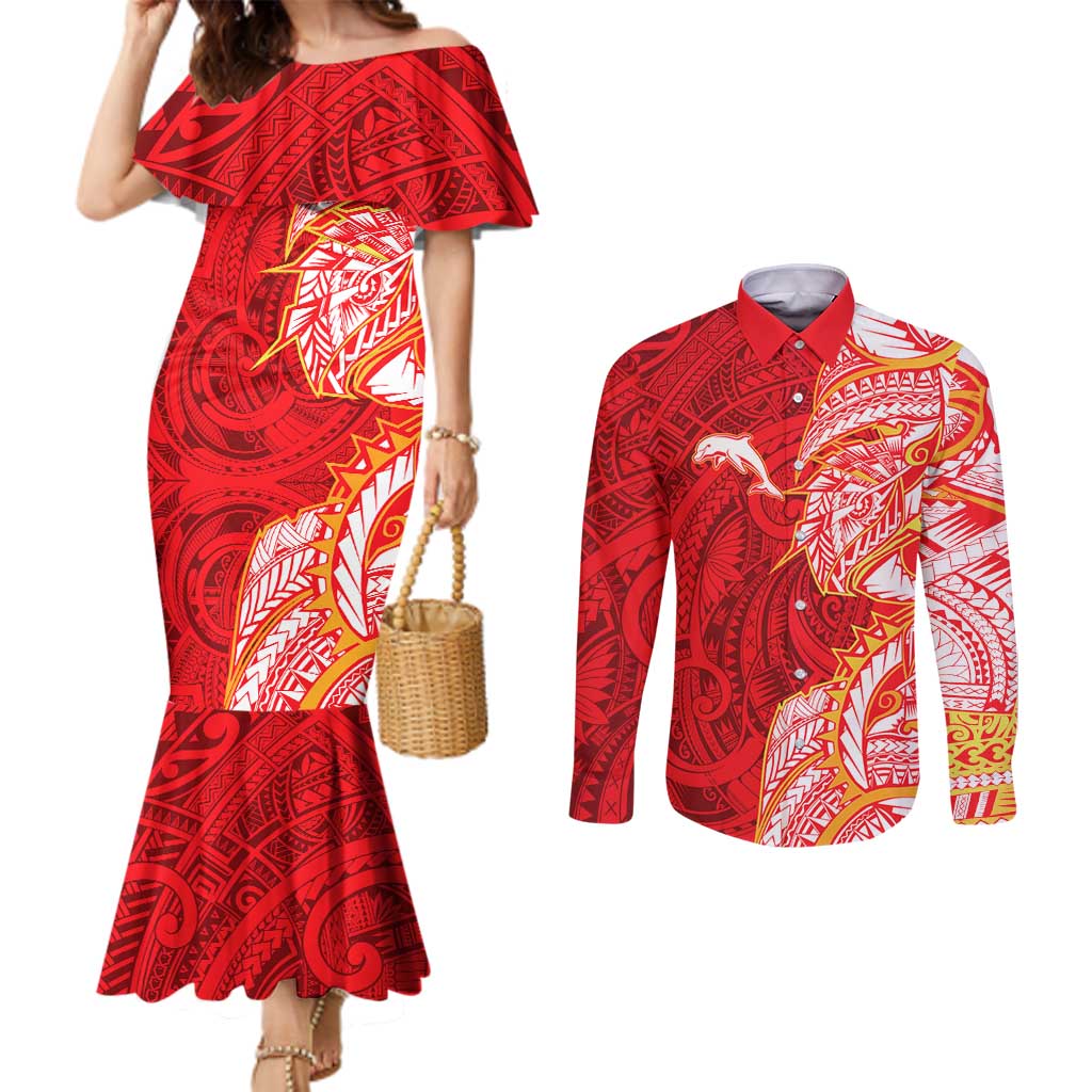 Dolphins Couples Matching Mermaid Dress and Long Sleeve Button Shirt Polynesian Tribal Tattoo Pacific Sport Art