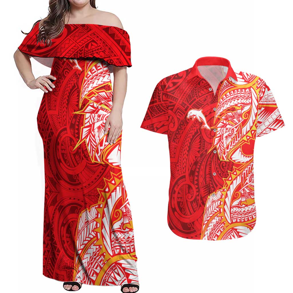 Dolphins Couples Matching Off Shoulder Maxi Dress and Hawaiian Shirt Polynesian Tribal Tattoo Pacific Sport Art