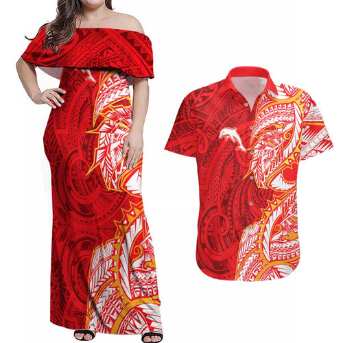 Dolphins Couples Matching Off Shoulder Maxi Dress and Hawaiian Shirt Polynesian Tribal Tattoo Pacific Sport Art