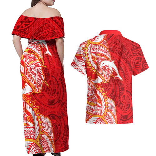 Dolphins Couples Matching Off Shoulder Maxi Dress and Hawaiian Shirt Polynesian Tribal Tattoo Pacific Sport Art
