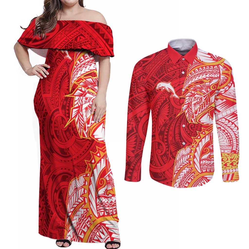Dolphins Couples Matching Off Shoulder Maxi Dress and Long Sleeve Button Shirt Polynesian Tribal Tattoo Pacific Sport Art