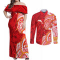 Dolphins Couples Matching Off Shoulder Maxi Dress and Long Sleeve Button Shirt Polynesian Tribal Tattoo Pacific Sport Art