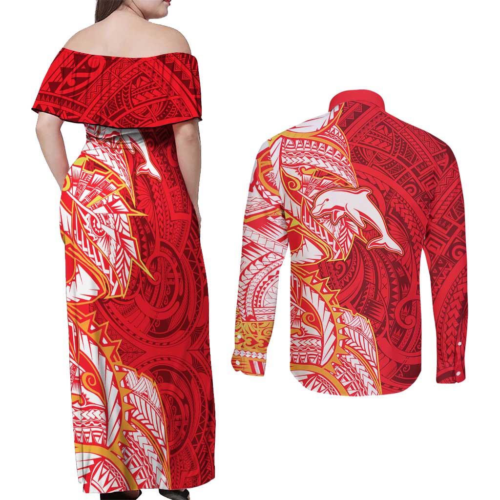 Dolphins Couples Matching Off Shoulder Maxi Dress and Long Sleeve Button Shirt Polynesian Tribal Tattoo Pacific Sport Art