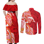 Dolphins Couples Matching Off Shoulder Maxi Dress and Long Sleeve Button Shirt Polynesian Tribal Tattoo Pacific Sport Art