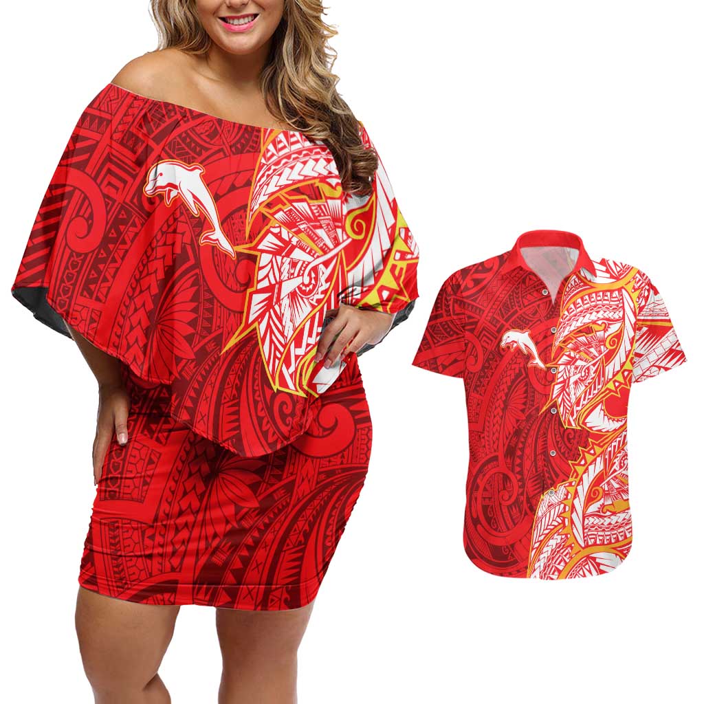 Dolphins Couples Matching Off Shoulder Short Dress and Hawaiian Shirt Polynesian Tribal Tattoo Pacific Sport Art