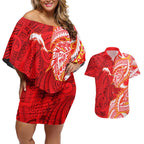 Dolphins Couples Matching Off Shoulder Short Dress and Hawaiian Shirt Polynesian Tribal Tattoo Pacific Sport Art