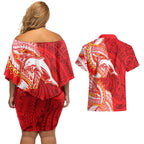 Dolphins Couples Matching Off Shoulder Short Dress and Hawaiian Shirt Polynesian Tribal Tattoo Pacific Sport Art