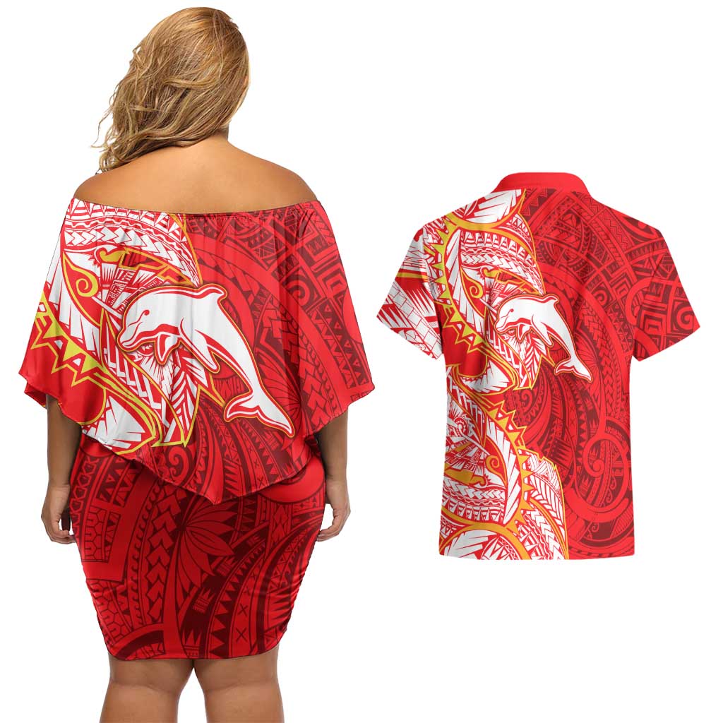 Dolphins Couples Matching Off Shoulder Short Dress and Hawaiian Shirt Polynesian Tribal Tattoo Pacific Sport Art