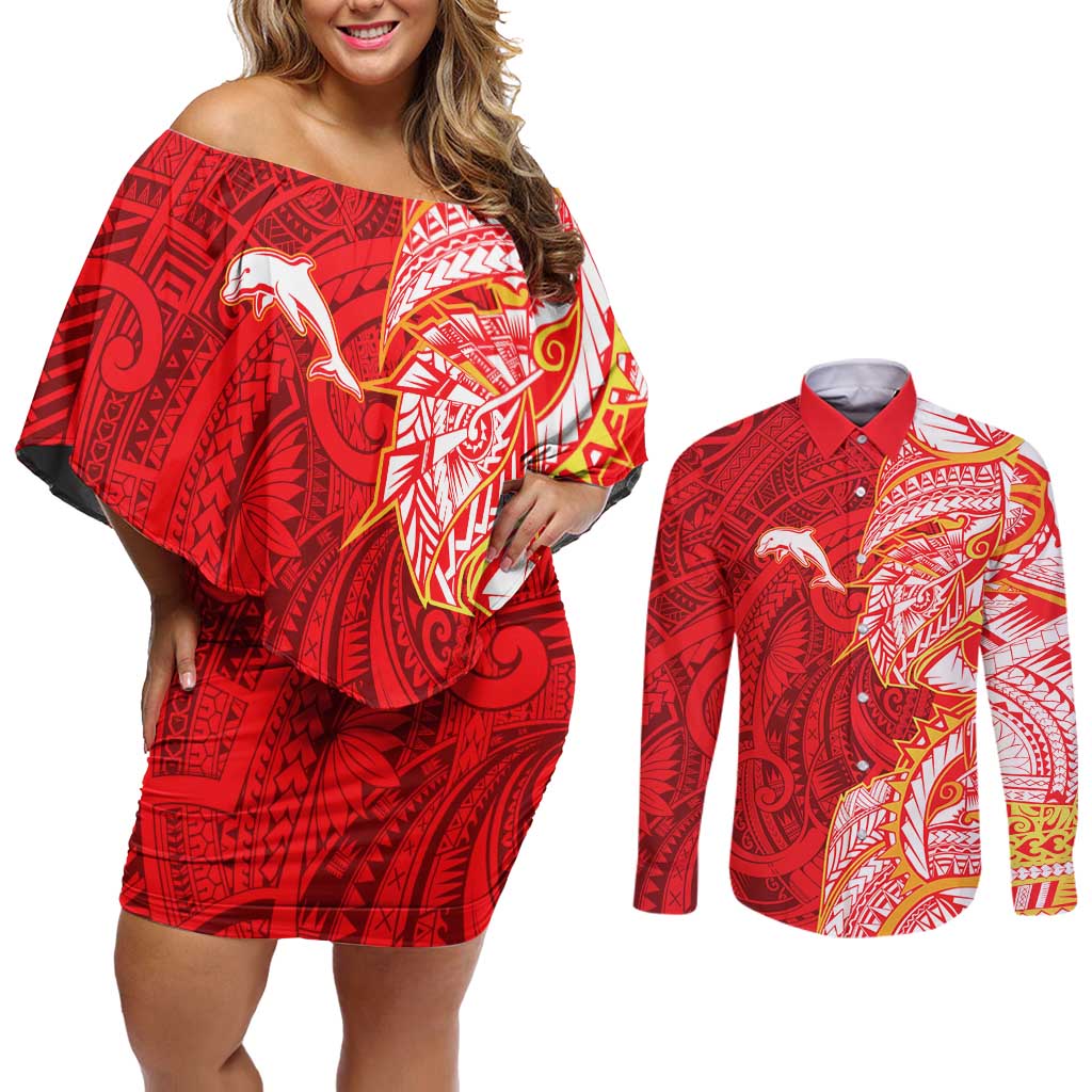 Dolphins Couples Matching Off Shoulder Short Dress and Long Sleeve Button Shirt Polynesian Tribal Tattoo Pacific Sport Art