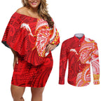 Dolphins Couples Matching Off Shoulder Short Dress and Long Sleeve Button Shirt Polynesian Tribal Tattoo Pacific Sport Art